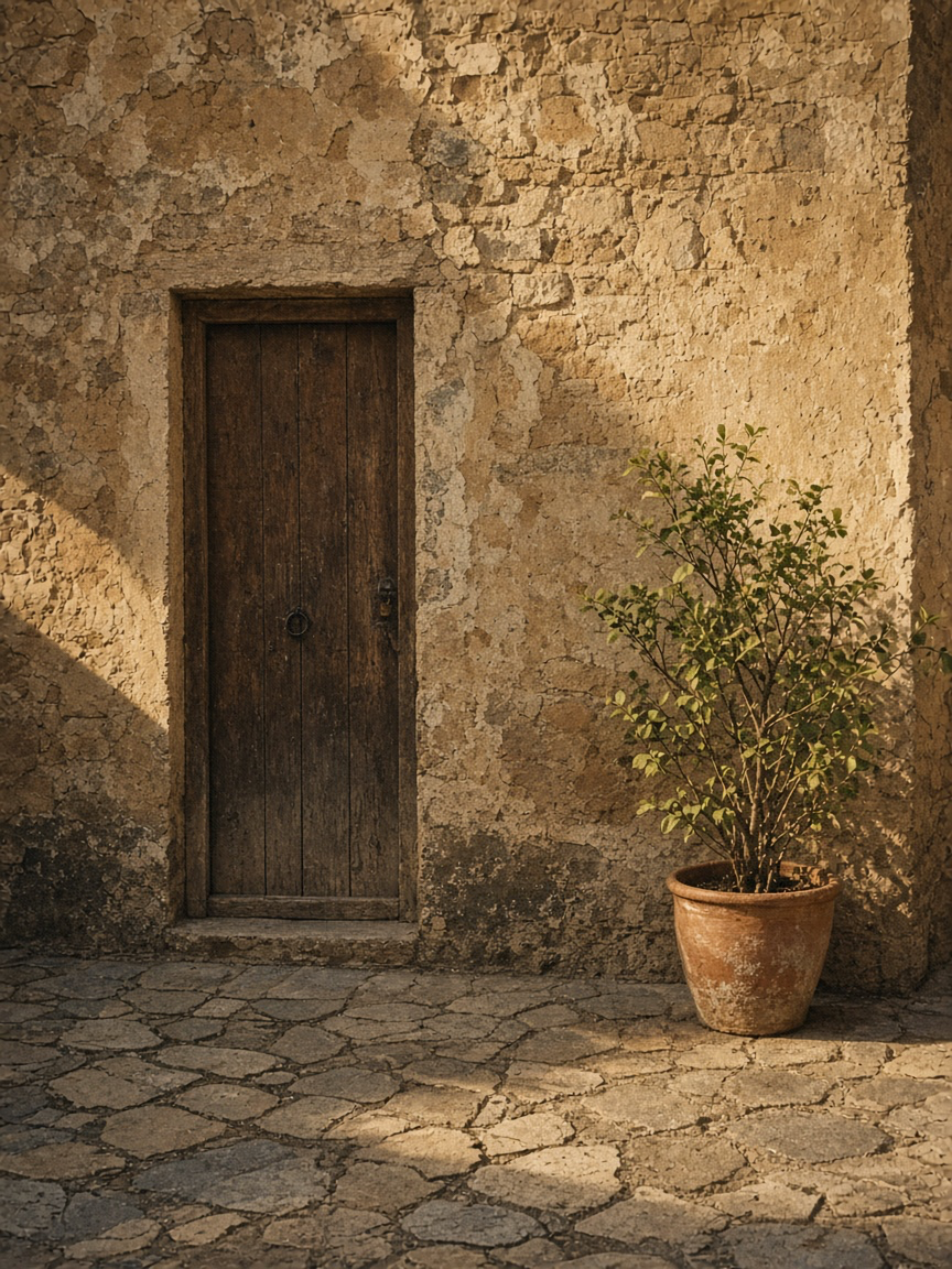 A sunlit courtyard with a wooden door